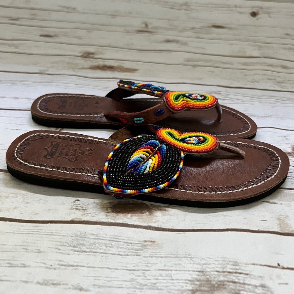 Handmade Beaded Leather Thong Sandals Brown Multi Color Boho Flat Size 39‎